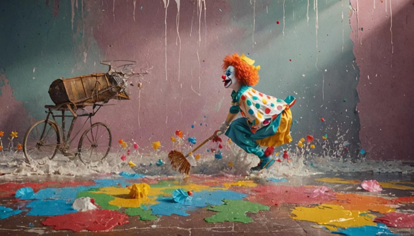 a clown cleaning up the mess