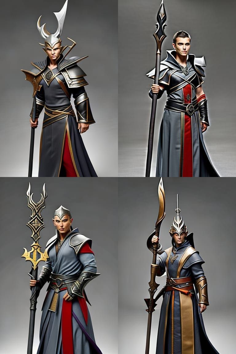 Elf monk. Grey robes. Holding staff. Fantasy. Male. Magic fi...