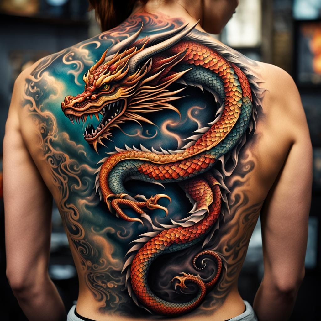 Intricate coiled dragon tattoo