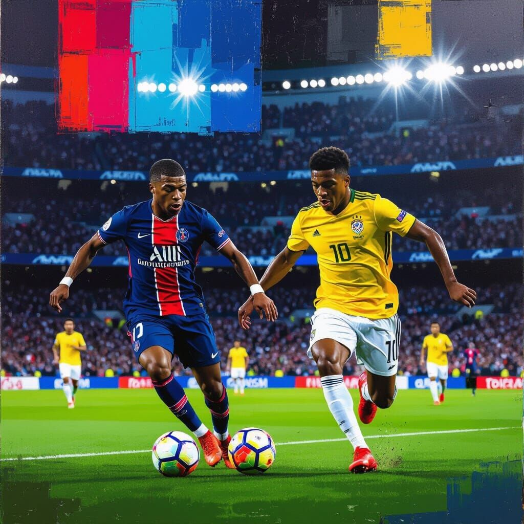 Mbappe and Junior Play Soccer, Abstract Expressionist Style