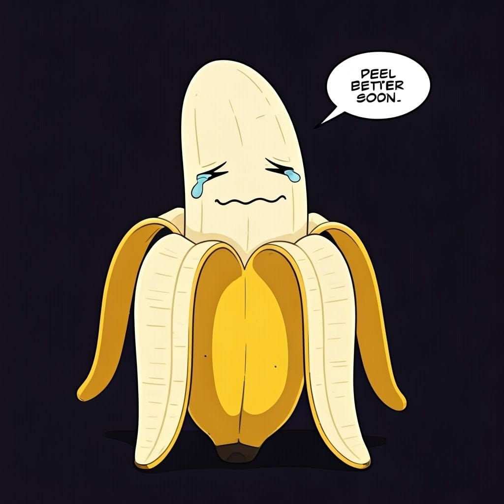 a cartoon peeled banana great big smile small tear coming ou...
