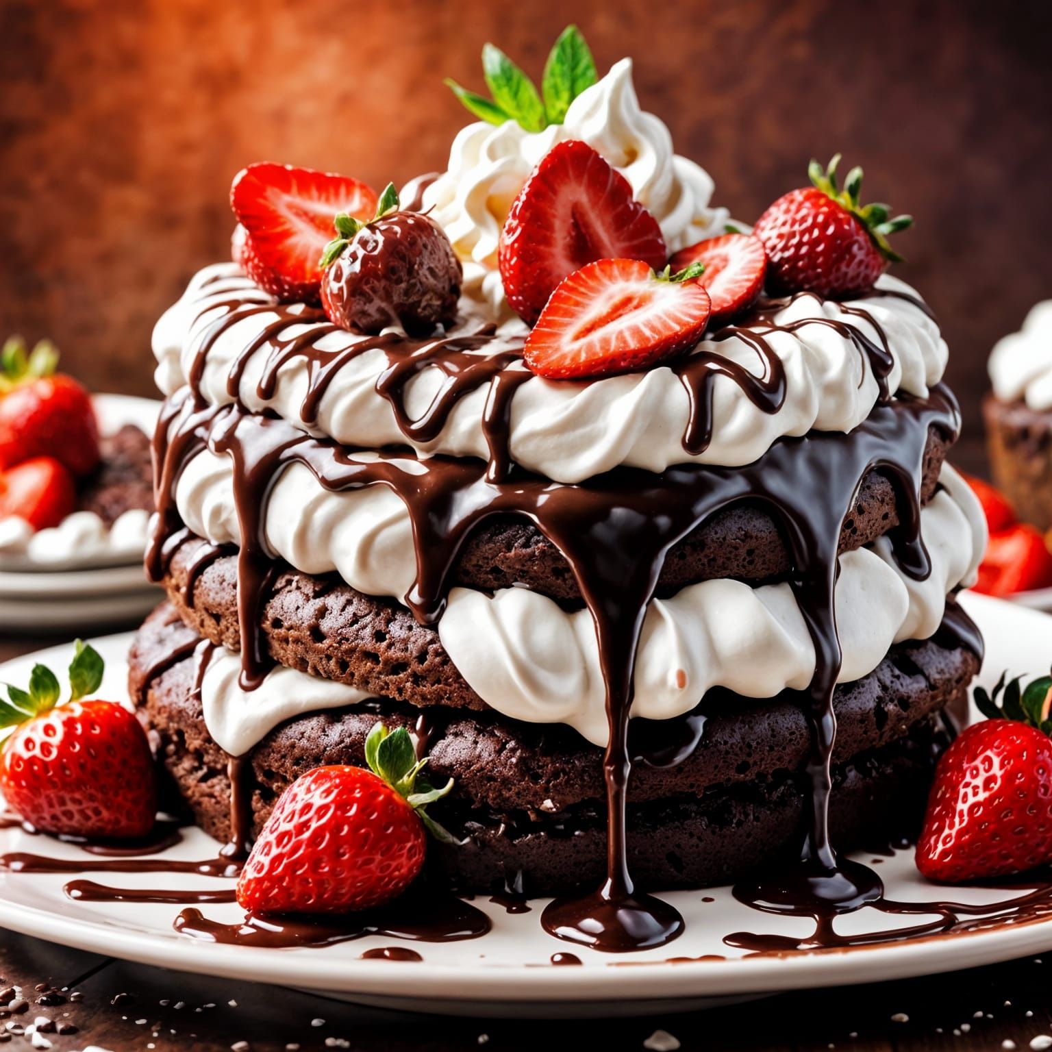 delicious chocolate cake with whipped cream and strawberries  by @Merumeru Meru