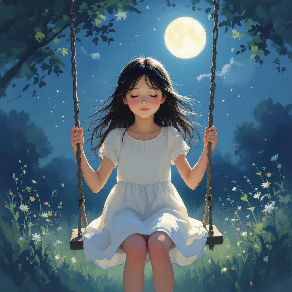 Girl Swinging Under Moonlight in Impressionistic Style