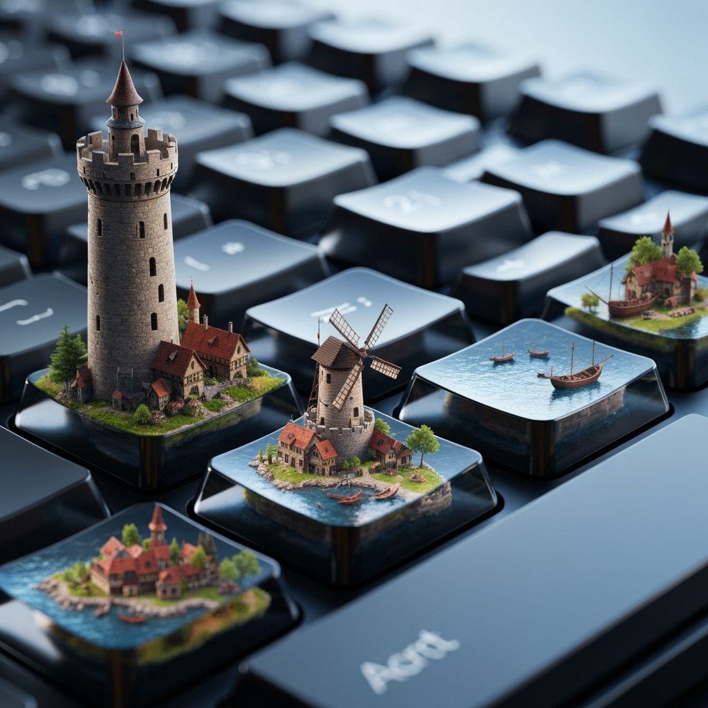 Close-up view of a computer keyboard, but the keys are made of transparent crystal. Inside each key is a tiny detailed world — one contains ...