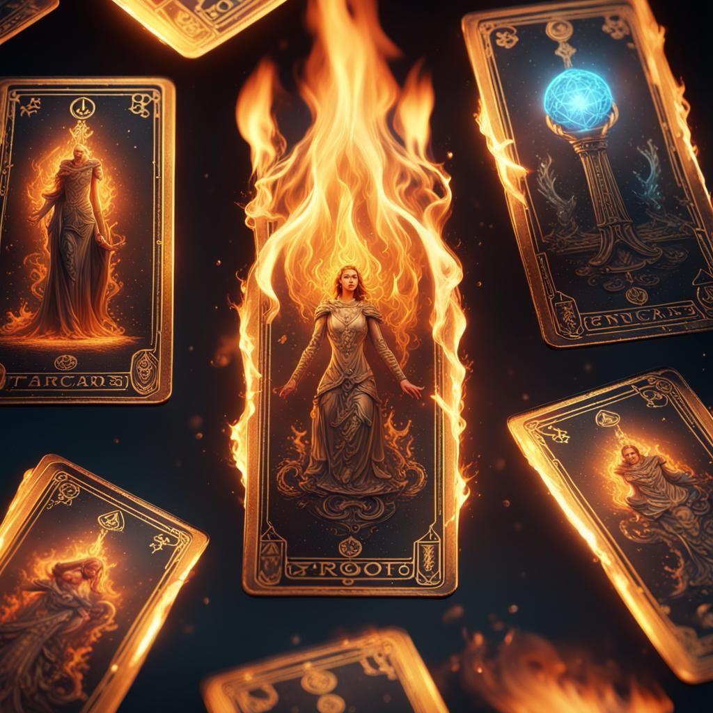 Metallic glowing tarot cards on fire  by @SKYEPARISI79 