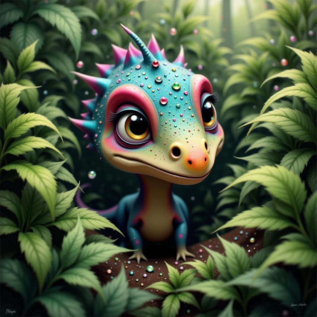 A playful, curious dinosaur with iridescent feathers and a tiny beak peeks out from behind a cluster of lush, green ferns, its large, expres...