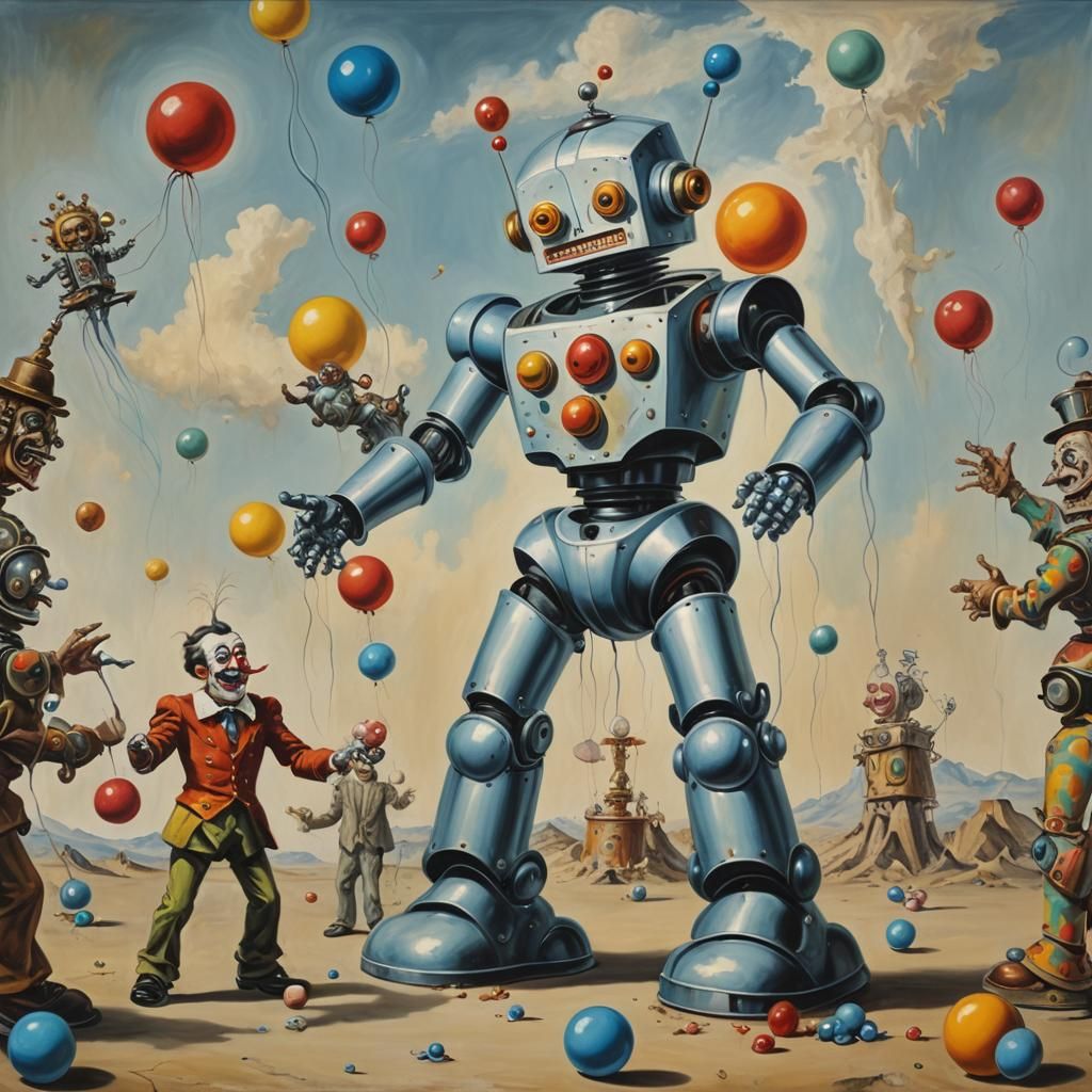 Giant Happy Robot juggling clowns