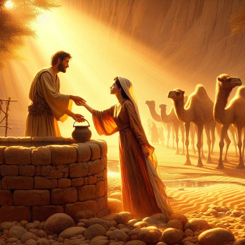Rebecca meeting isaac while fetching water for camel   by @Lyra Valkyrie
