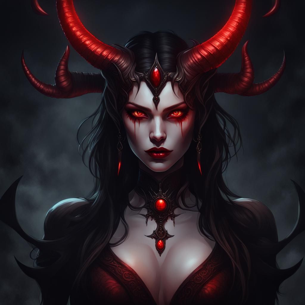 a close up of a woman with horns and a red eye, dark fantasy portrait ...