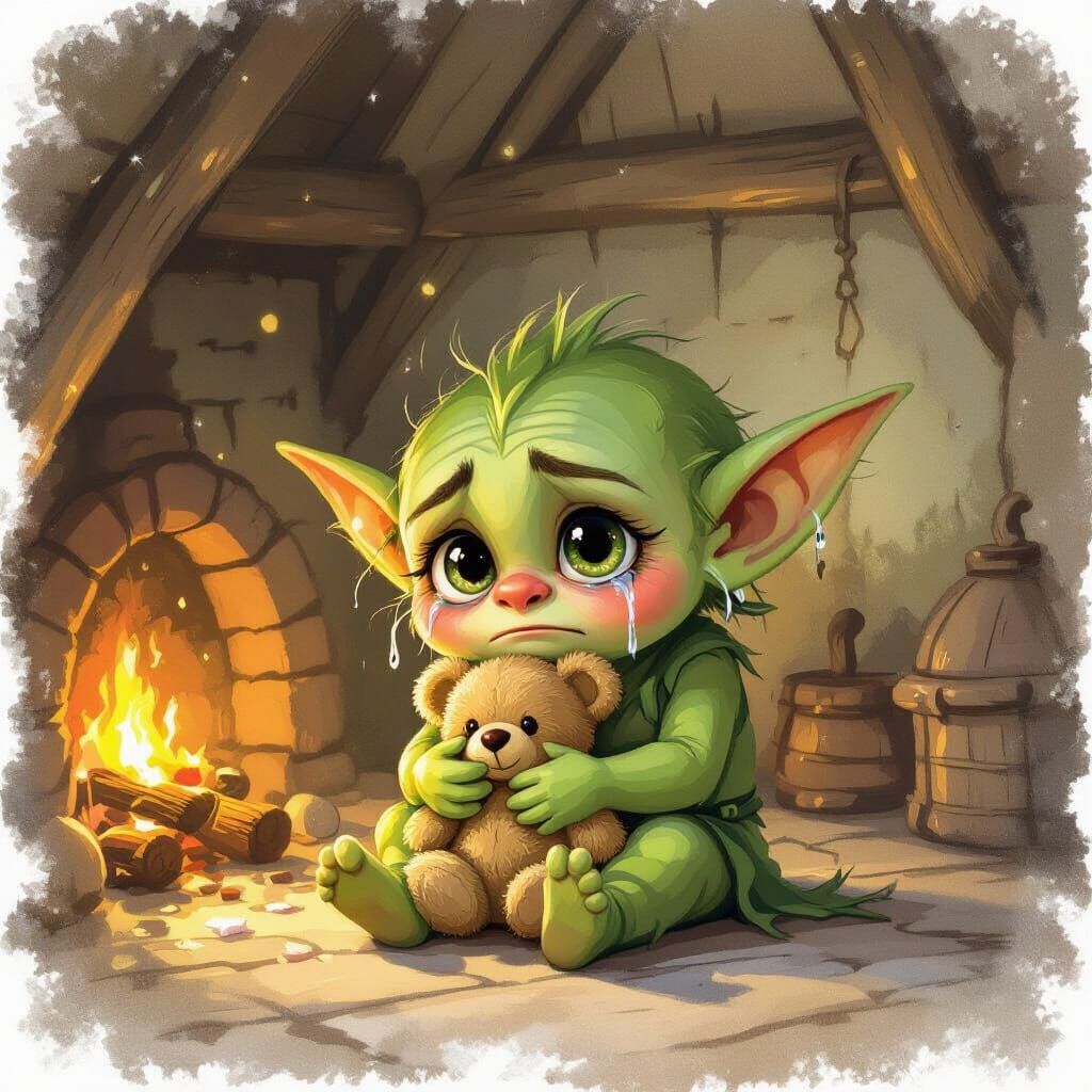 Cute Green Goblin Crying in Cozy Cottage
