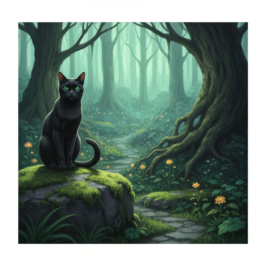 A sleek, black cat with piercing emerald eyes sits regally atop a moss-covered stone, gazing into the distance. Behind it, a dense, enchante...