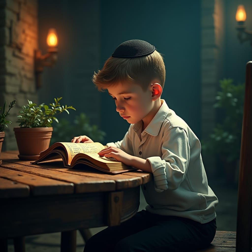 Boy Reading Ancient Book in a Fantasy Setting