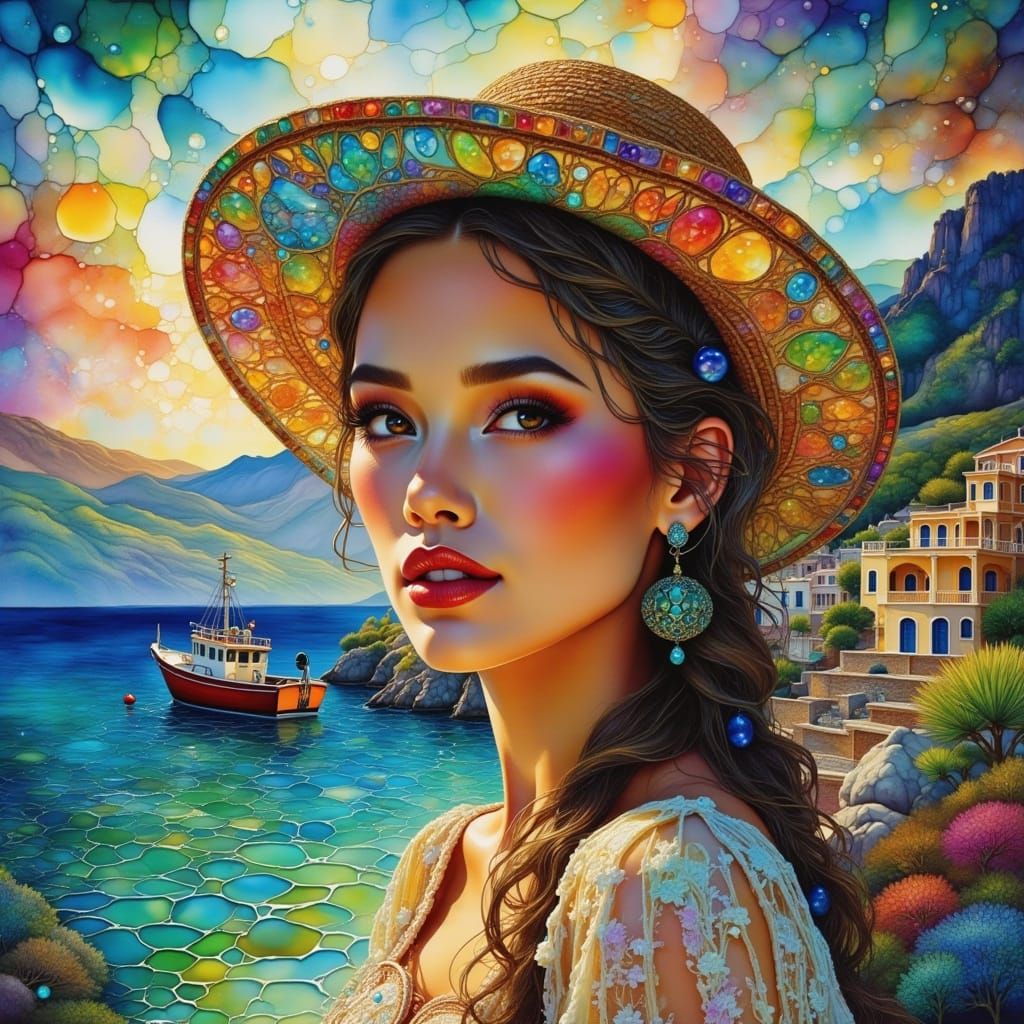 <lora:PR AlcoholWCGlass:1.0> Hyperdetailed close-up portrait of an elegant Greek woman in front of the Peloponnese Peninsula, aqua clear wat...