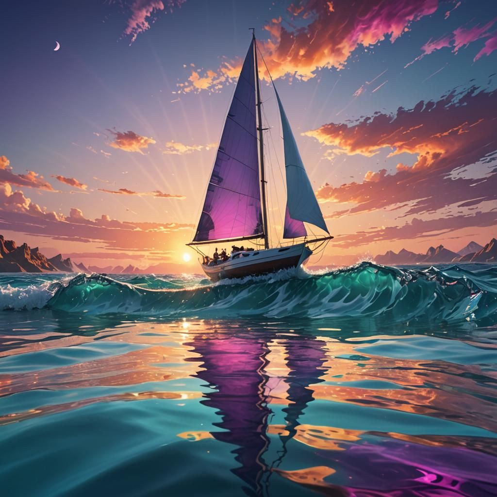 Lovely Sailing Boat at Turquoise Purple Peach Edge of The World, crystallic water flow, Sail on the End ...  by @ReAlyssee