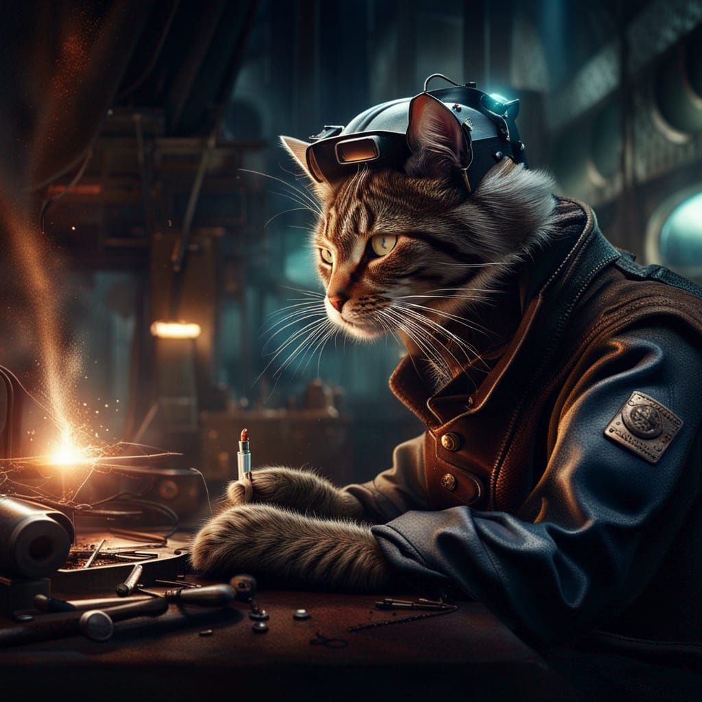 Welder Cat Smoking in the Naval Industry AI Generated Artwork