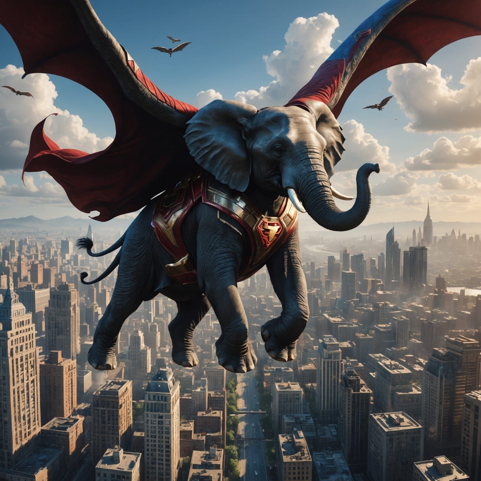 flying superhero elephant over the city
