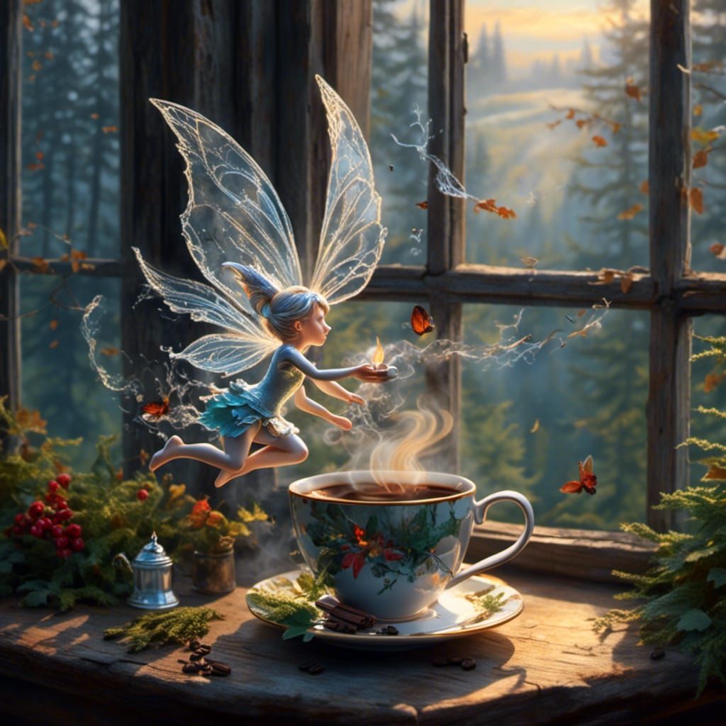 Fairies and Coffee: A Whimsical Fantasy Scene