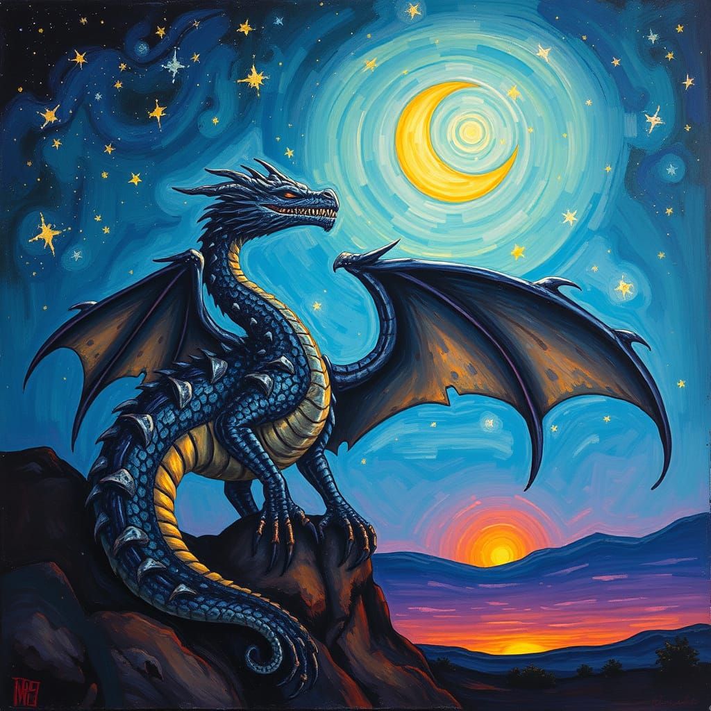 Dragon, starry night sky with a cresent moon in the background, ethereal impressionistic surreal magical abstract Dali and piccasso in the b...