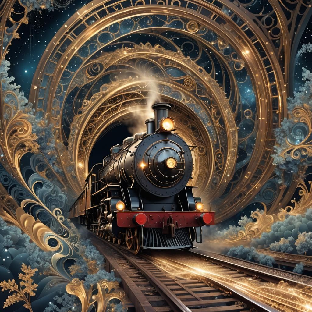An old steam train passing through a shimmering portal, surr...