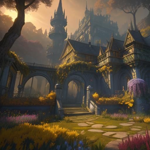 mystic old garden in yellow light of golden hour