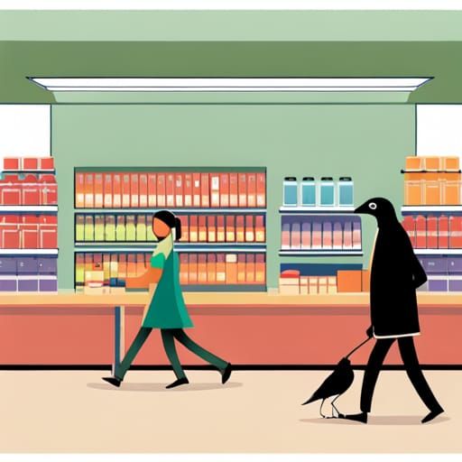 Anthropomorphic Crow and Vulture in Supermarket