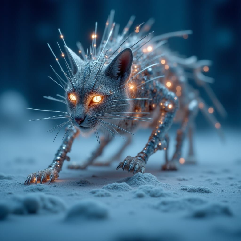 <lora:Animal Mutants:1.0> HD photography of a sci-fi alien mutant lynx with glowing fractal eyes and flexible blade whiskers, crouching acro...