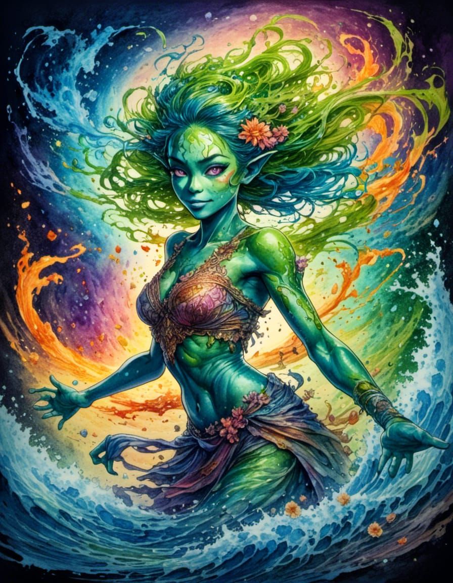 <lora:Female Goblins v1:1.0> artwork for t shirt graphic of a beautiful female goblin goddess made of colors, liquid flowers, thin and very...