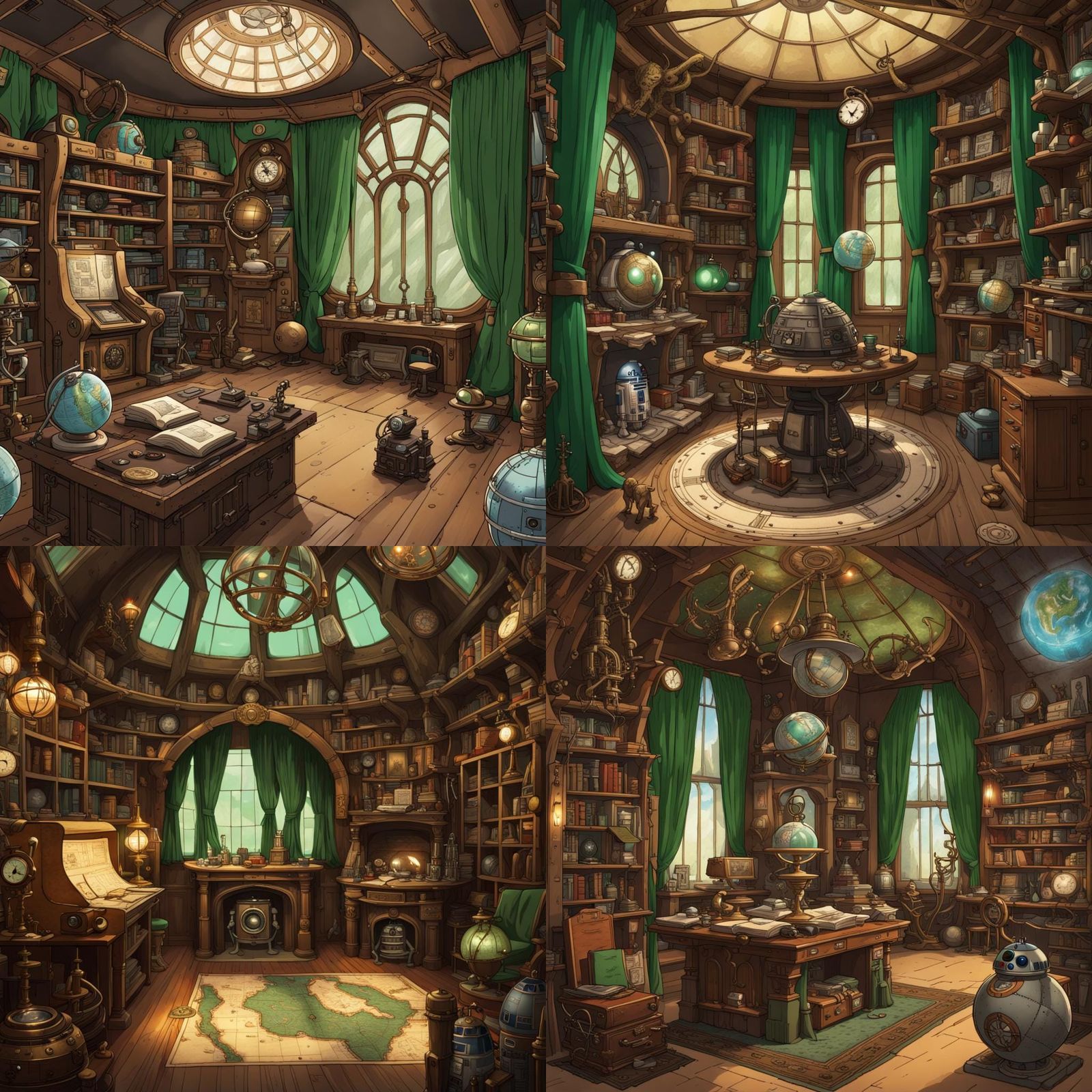 A steampunk-style Star Wars adventurers' lodge with green cu...