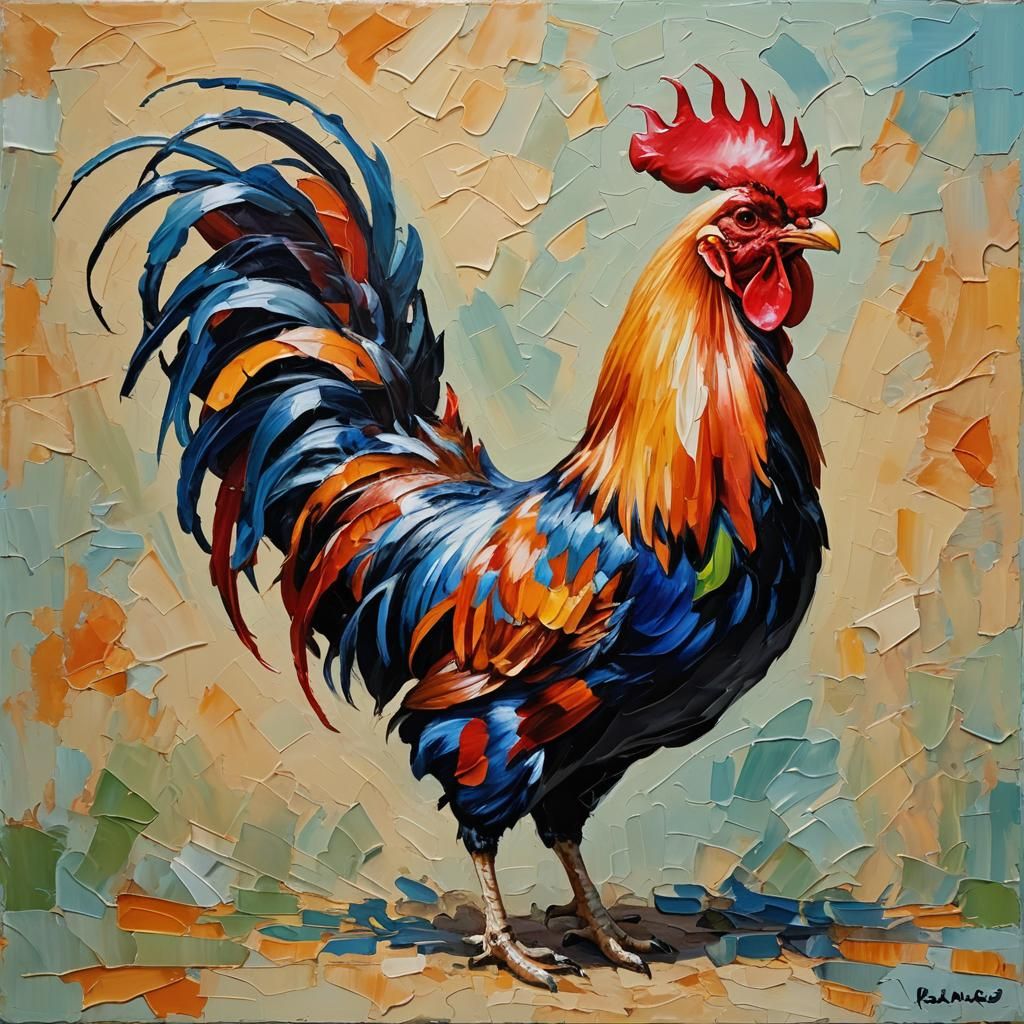 impasto painting of a flamboyant rooster in oil, side look  by @Adriana