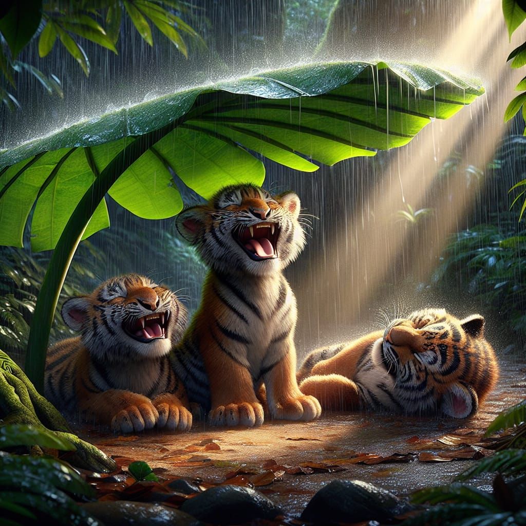 Siberian Tigers Find Humor in Downpour Under Jungle Leaf
