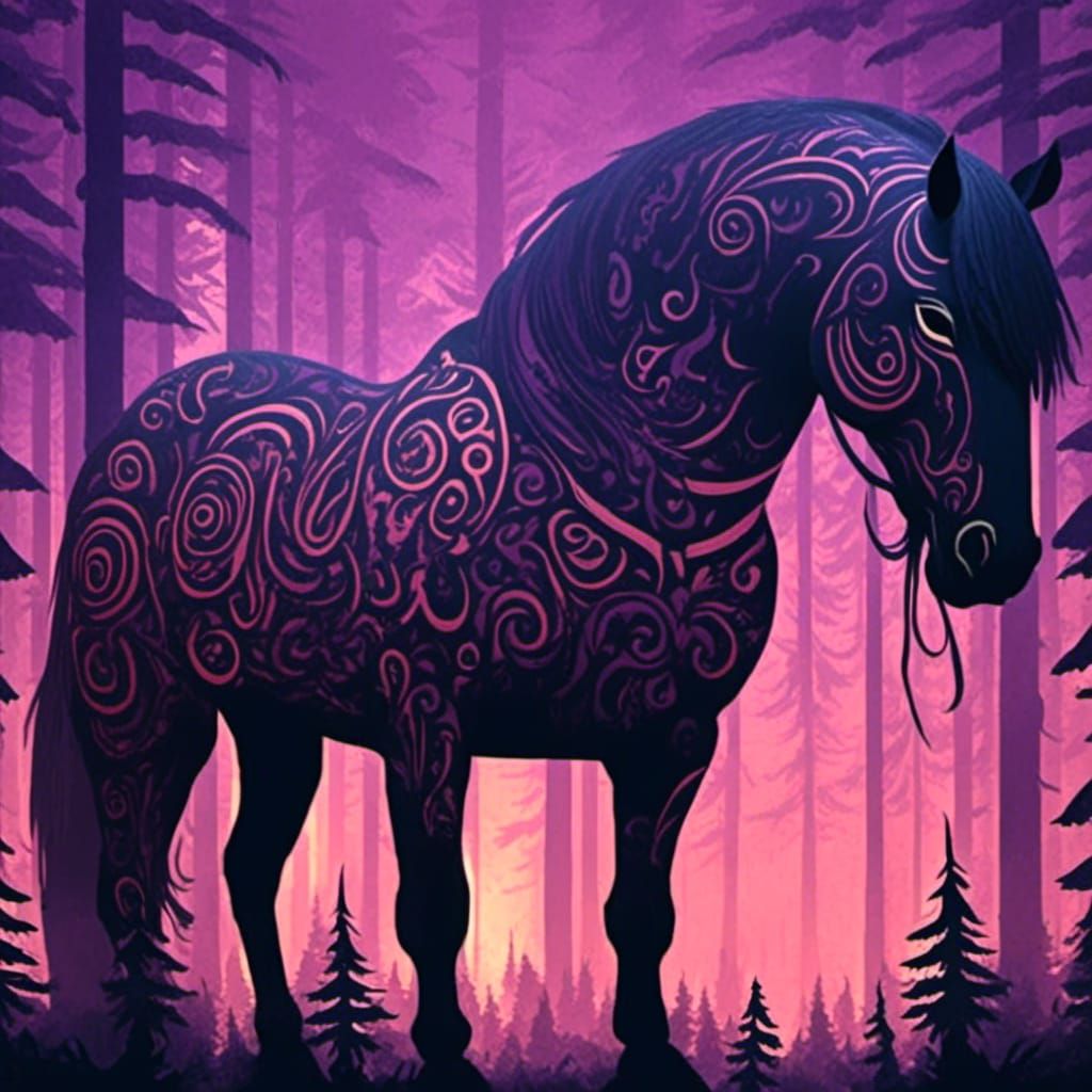 <lora:HaidaStyle:1.0> a horse in Black purple lavender and peach Haida style 