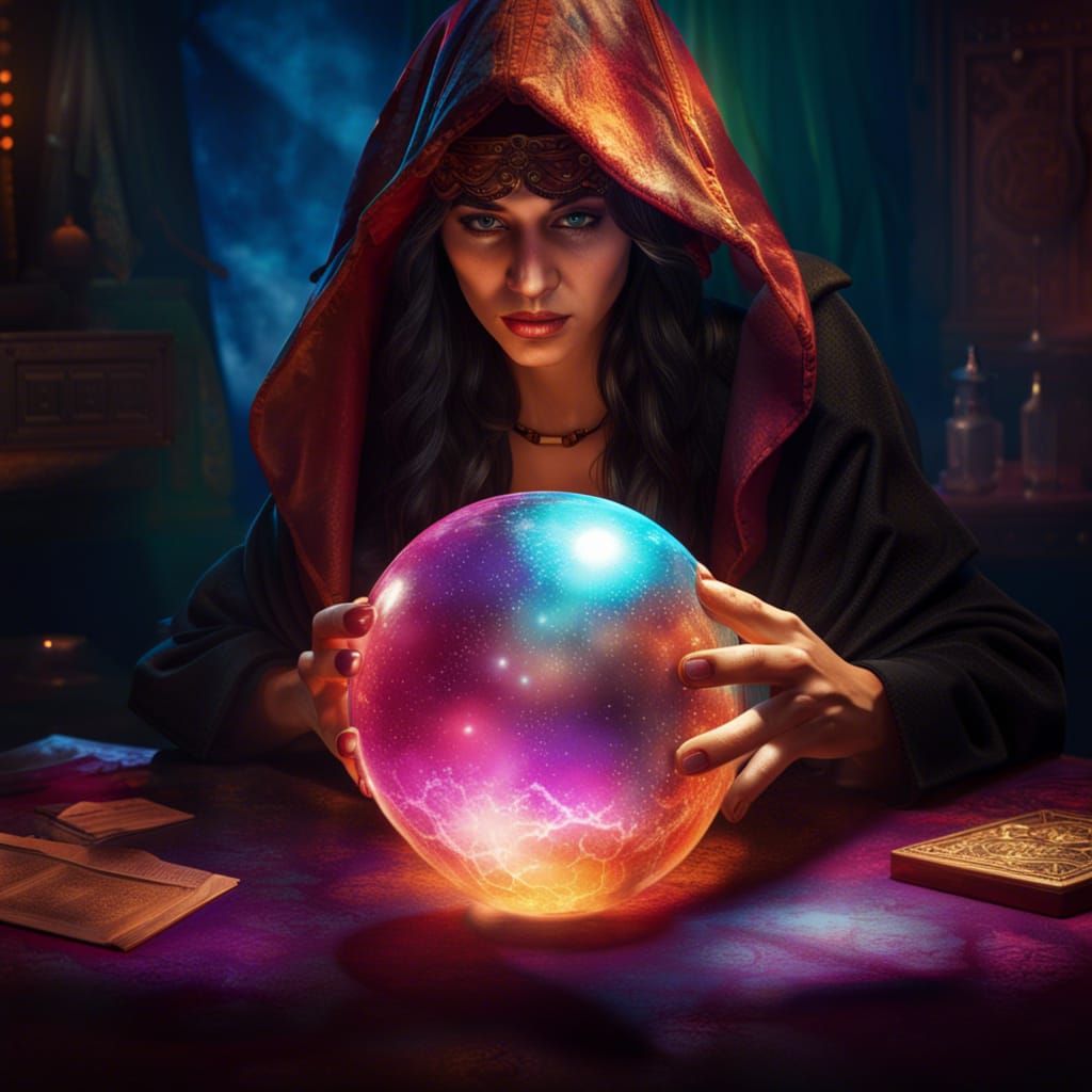 Fortune teller readering a crystal ball Hyperrealistic, splash art, concept art, mid shot, intricately detailed, color depth, dramatic, 2/3 fac...