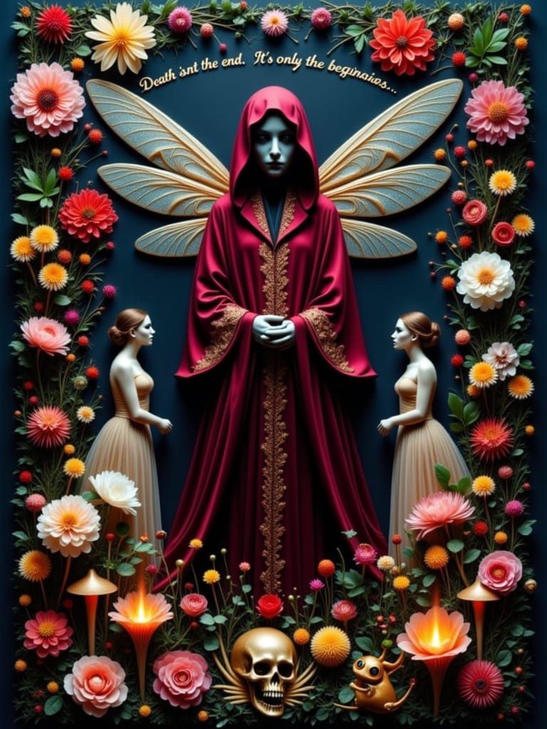 A mysterious, hooded figure, draped in flowing, crimson robes with intricate, gold embroidery, stands at the center of a mystical, symbolic ...