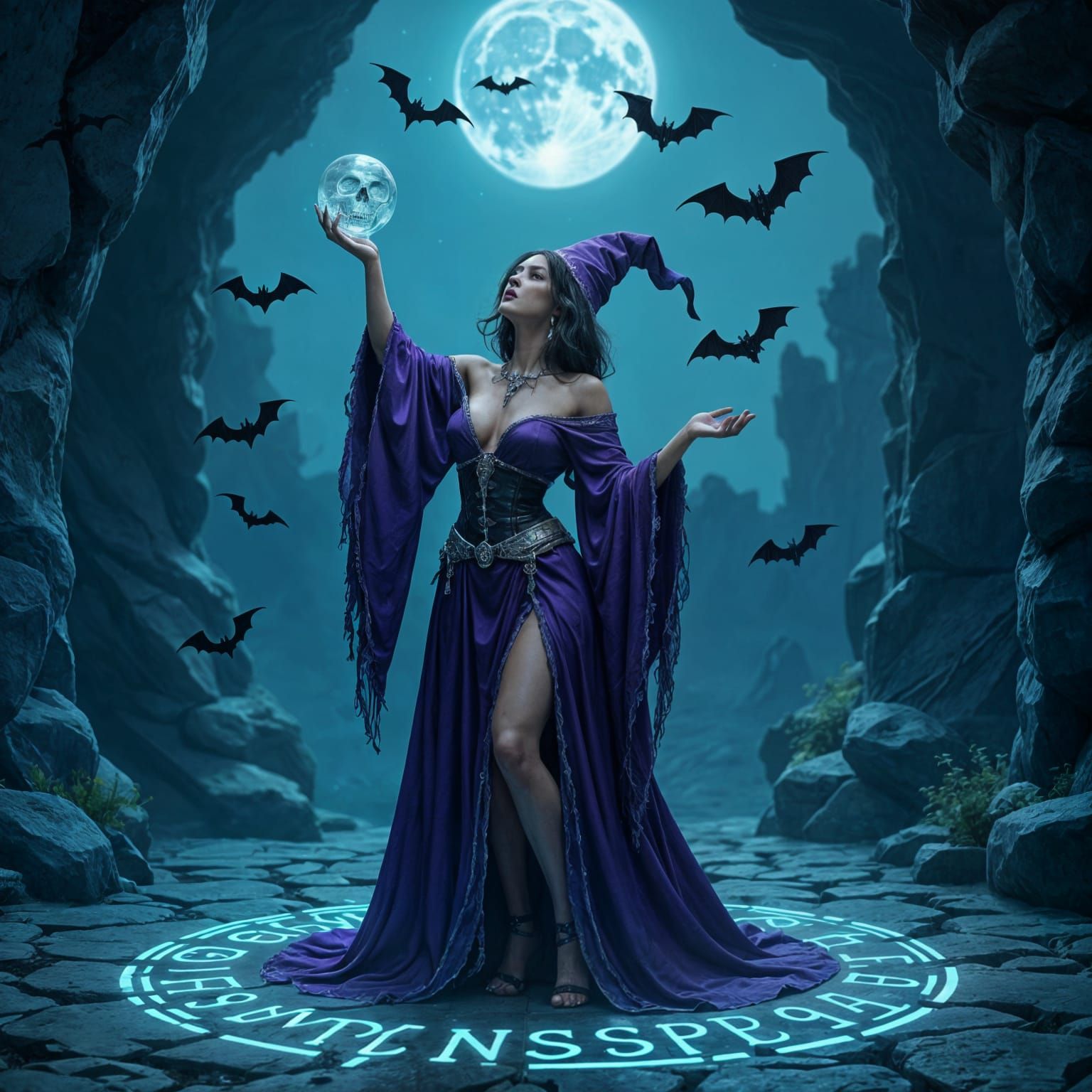 3/4 top down dolly shot of beautiful short skirted witch with silver fringed open front purple robe holding a clear glass skull up as high a...
