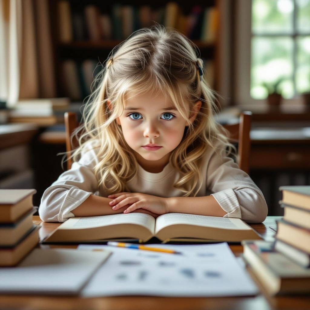 Tired Young Girl Overwhelmed by Books