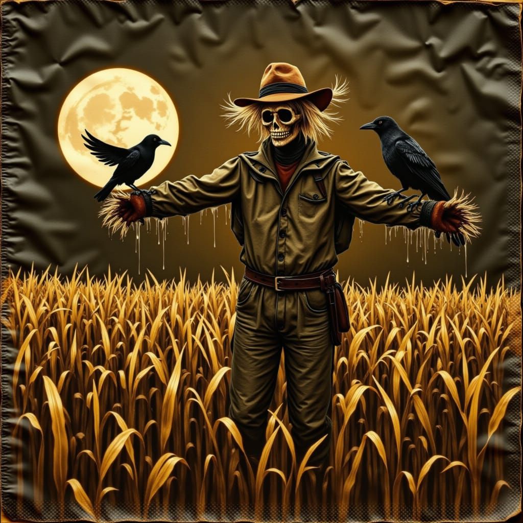 <lora:NC Coffee Stain:1.0> Scarecrow with two crows in a cornfield at night made of wicked coughie stains.