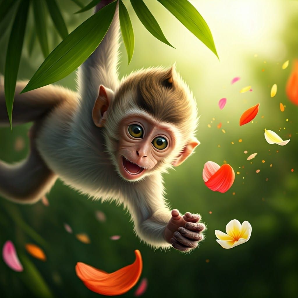 Delicate Jungle Wonder: Baby Monkey in a Whimsical Blooming ...