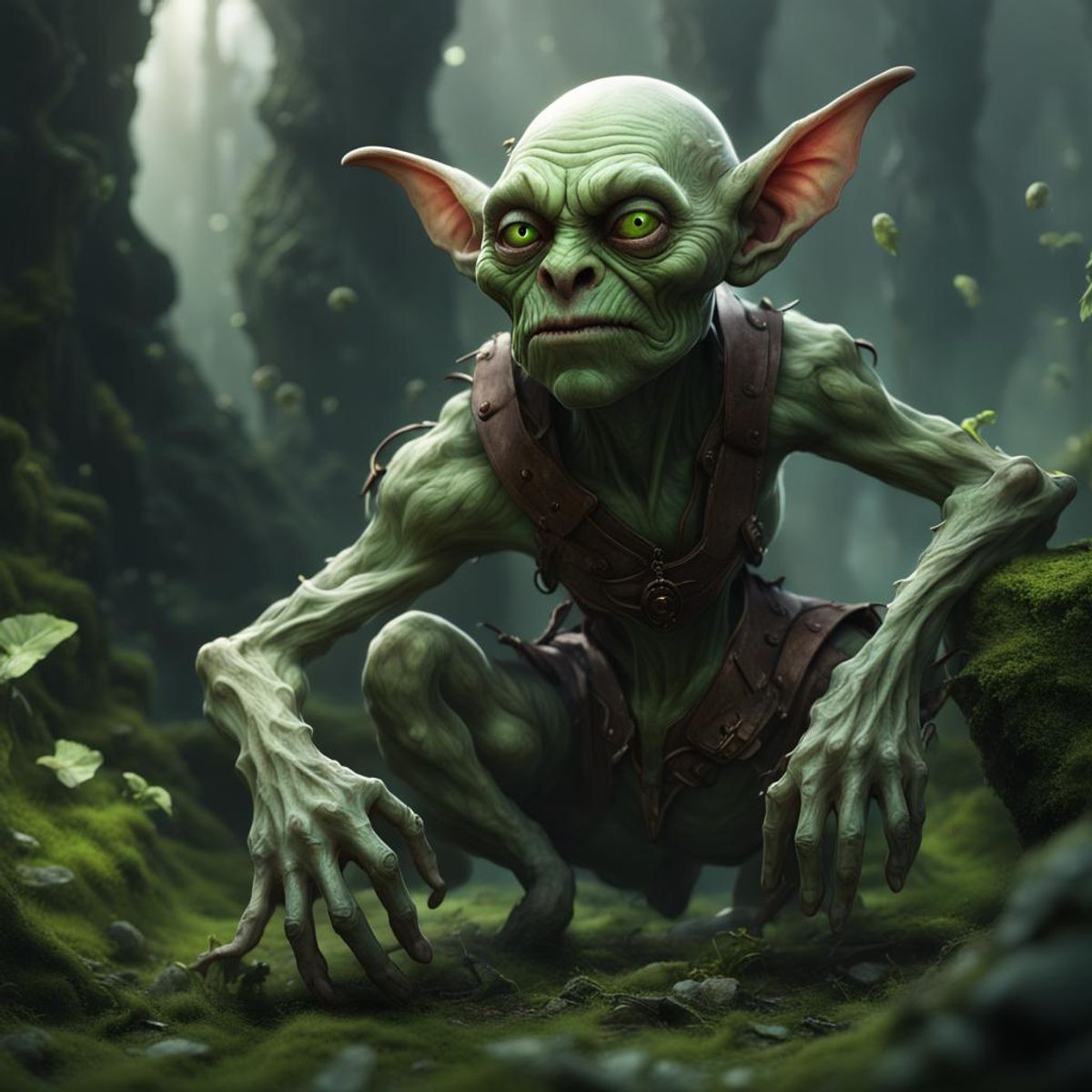 a pale mutated goblin, his skin is ashy as he is surrounded by green ...