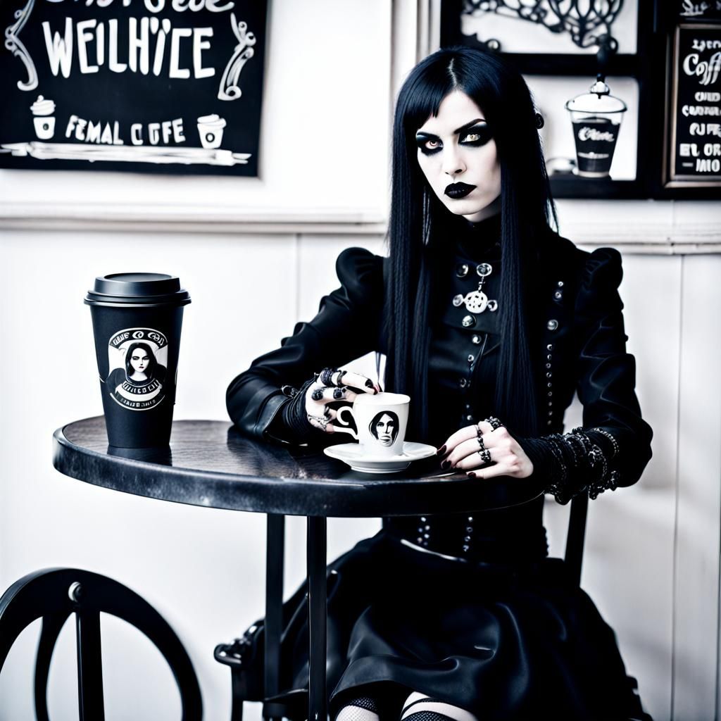 female goth fashion model. goth coffee shop.