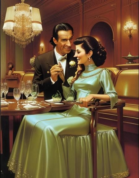 Two aliens on a date in a fancy restaurant.