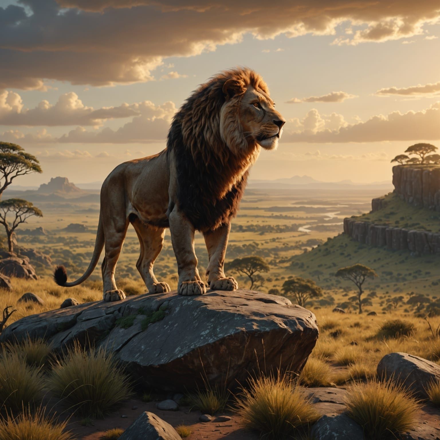Lion king looking into the vast open grass land standing on a rock.  by @Kelly