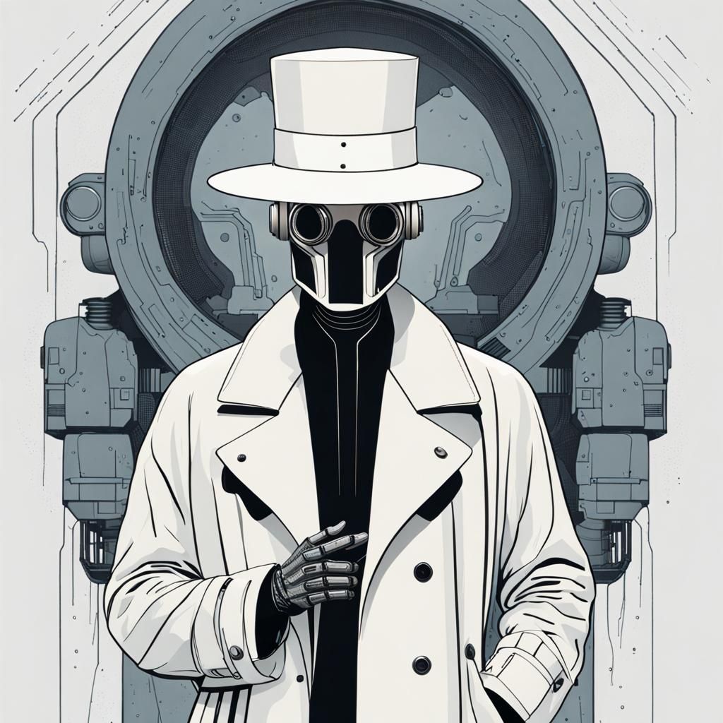 Mysterious Robotic Figure in White Trench Coat