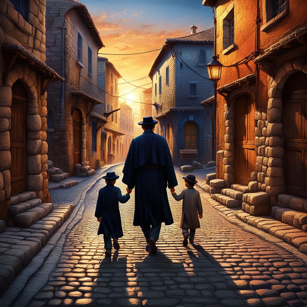 Haredi Man and Son in Golden Hour Light