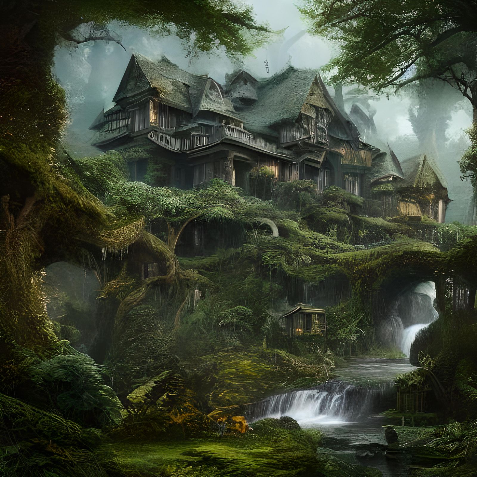 fantastical mansion with a worn down and overgrown appearance.  Built in dense forest with a stream, ...  by @DND Locales