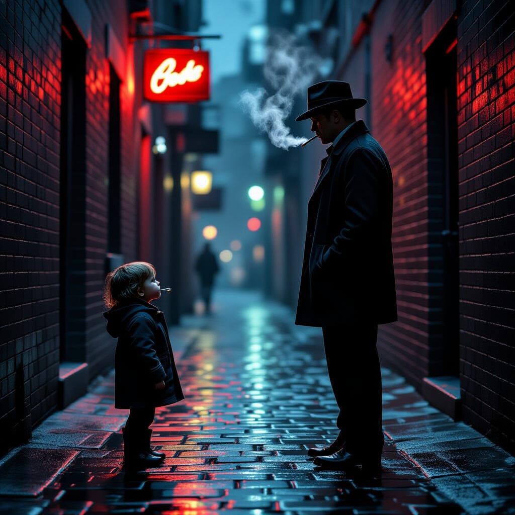 Child's Curiosity Meets Weary Man in Moody Alleyway