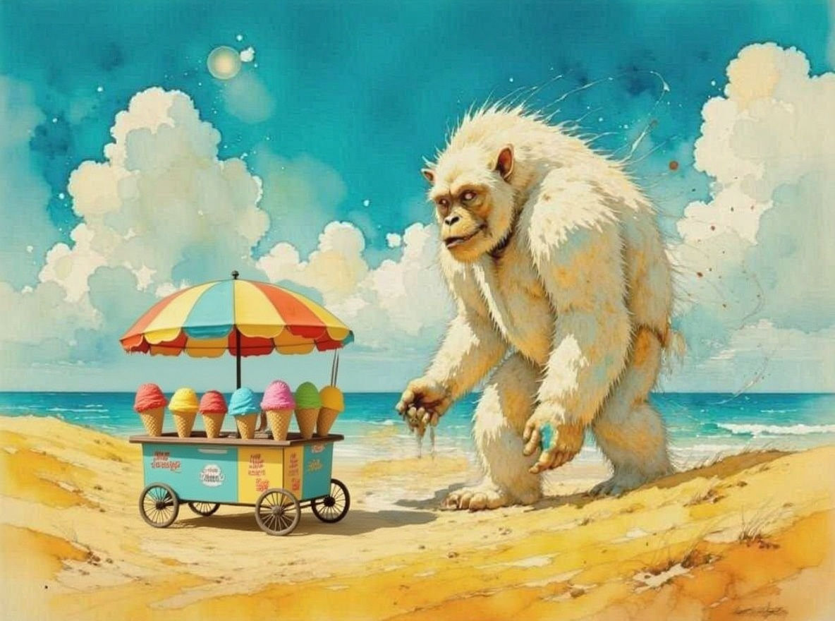 Yeti and Sand Demon Order Ice Cream on Caribbean Beach