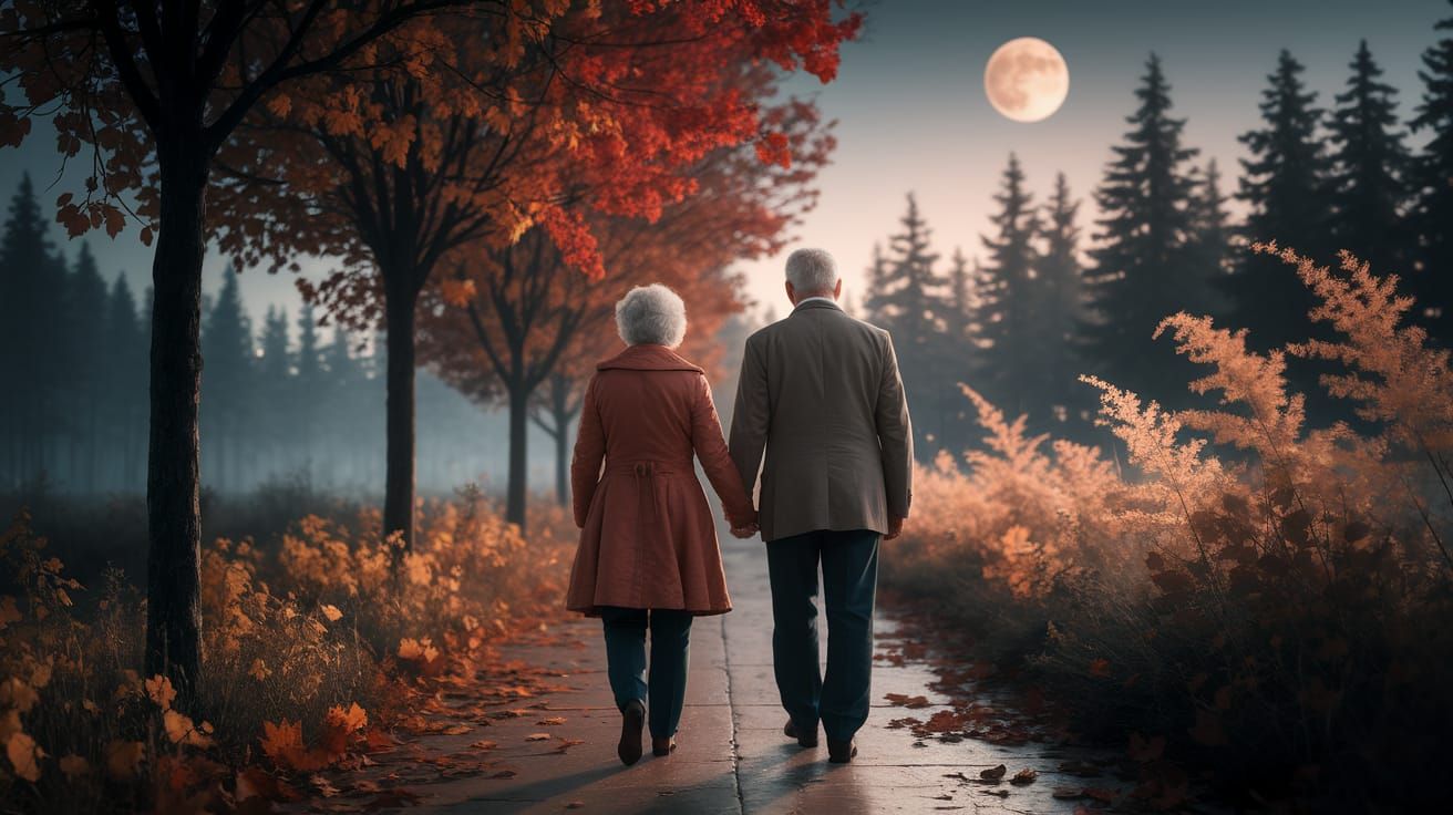 Elderly couple walking hand in hand down a sidewalk with trees lining each side, autumn-colored leaf's ...  by @Ed Evans