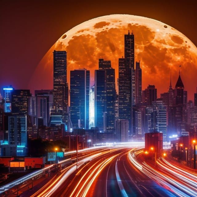 highly detailed beautiful night sky big cityscape street lig...