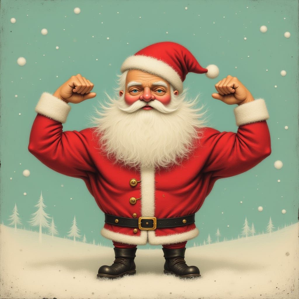 <lora:Paintlike:1.0> <lora:AmongTheDark:1.0> <lora:SurrealRetro:1.0>  The Spirit of Christmas <lora:Surreal Shine:1.0> shows his arm muscles