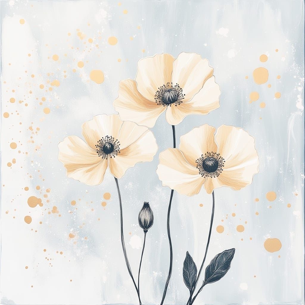 <lora:poppyDream:1.0> a bouquet of Beautiful White poppies, White monochrome, White tones, gold glitter, White White White